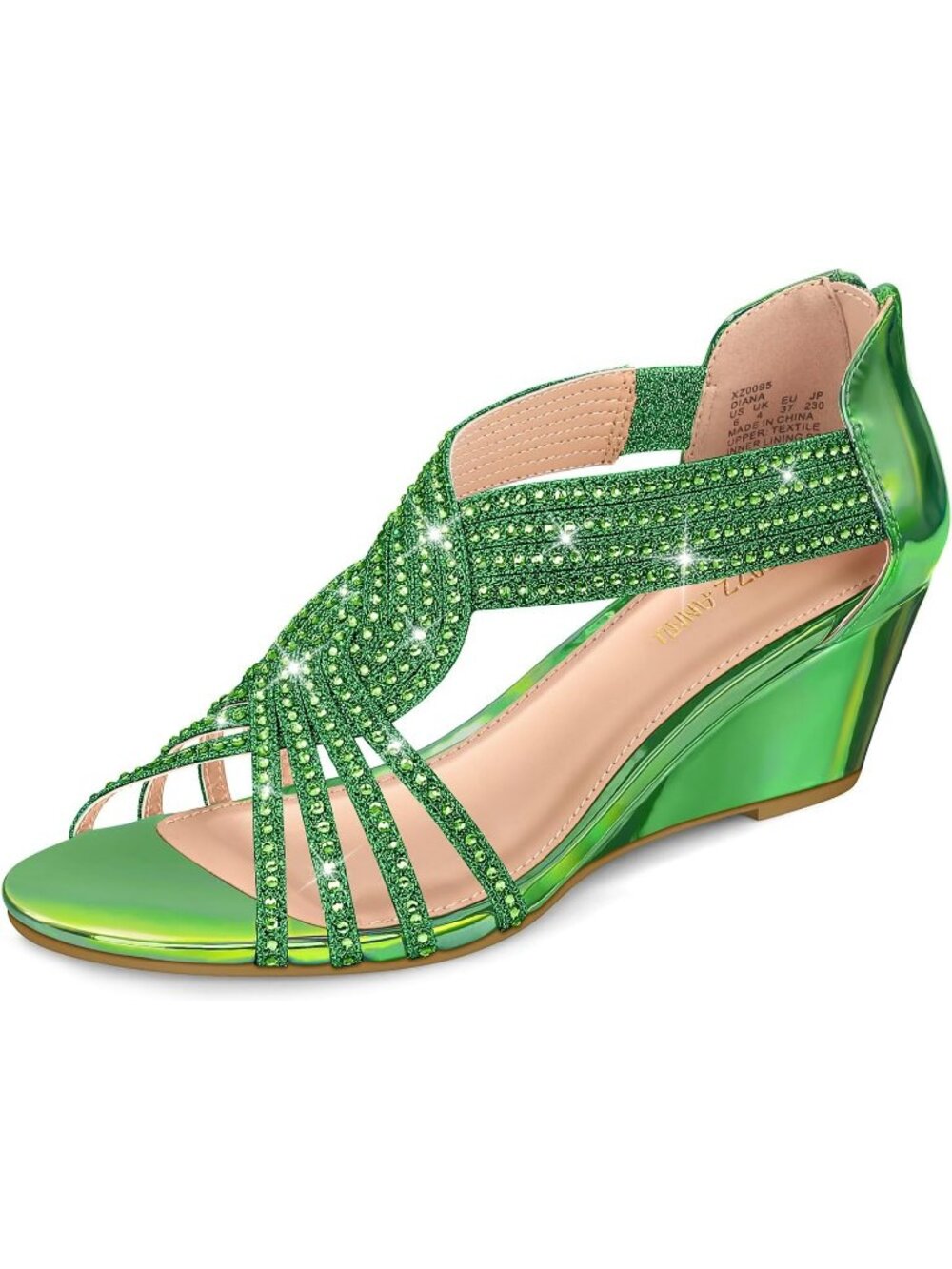Women's Green Rhinestone Sparkle Low Wedge Sandals Open Toe Dress Shoes